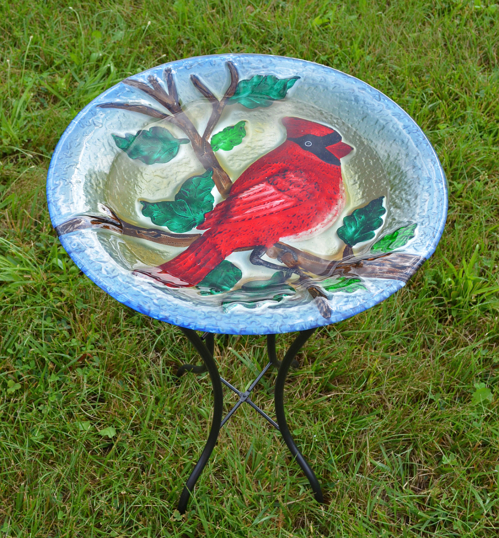 Embossed Majestic Cardinal Glass Birdbath w/Stand